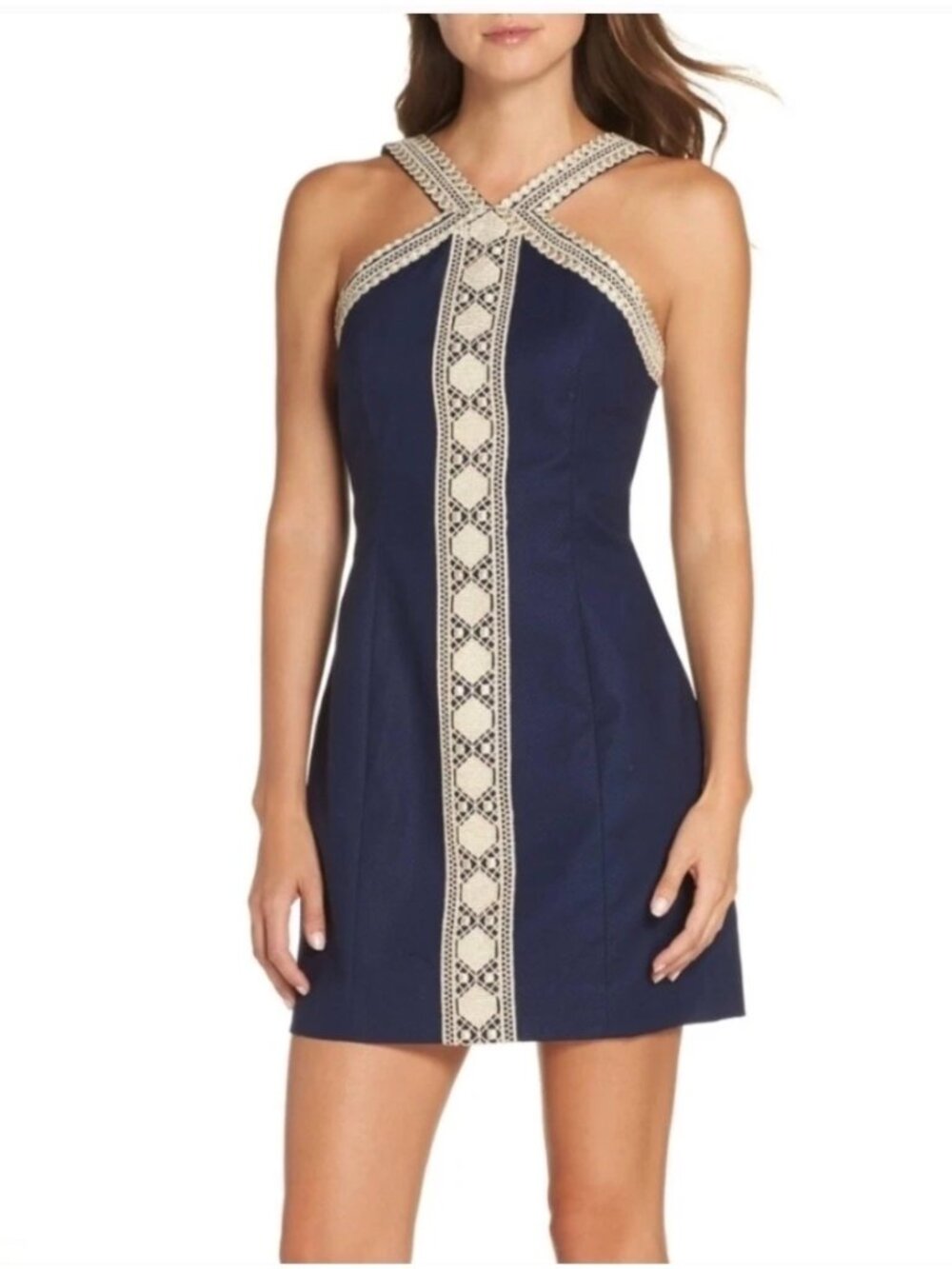 Lilly Pulitzer Size 2 Dress Vena Stretch Shift Halter Neck Navy Gold Lace Mini